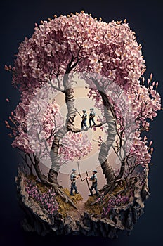 Generative illustration of three very small man climbing a miniature sakura cherry blossom tree