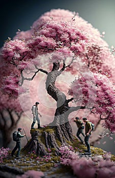 Generative illustration of three very small man climbing a miniature sakura cherry blossom tree