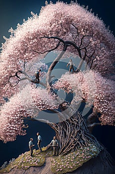 Generative illustration of three very small man climbing a miniature sakura cherry blossom tree