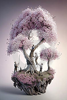Generative illustration of three very small man climbing a miniature sakura cherry blossom tree