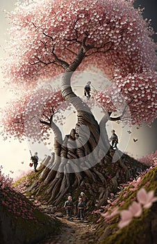 Generative illustration of three very small man climbing a miniature sakura cherry blossom tree