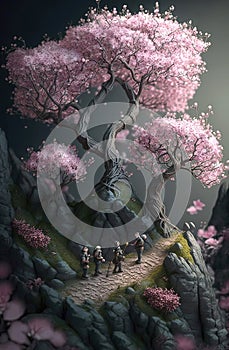 Generative illustration of three very small man climbing a miniature sakura cherry blossom tree