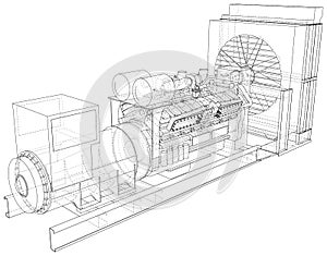 Generator. Diesel and gas industrial electric generator. The layers of visible and invisible lines are separated. Wire