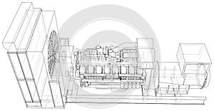 Generator. Diesel and gas industrial electric generator. The layers of visible and invisible lines are separated. Wire