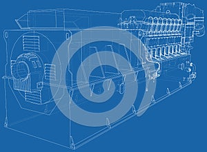 Generator. Diesel and gas industrial electric generator. The layers of visible and invisible lines are separated. Wire