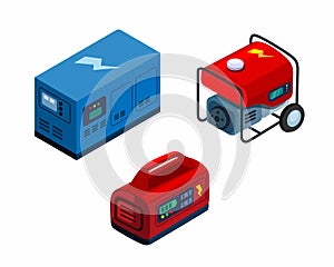 Generator electric power supply portable collection set isometric illustration vector