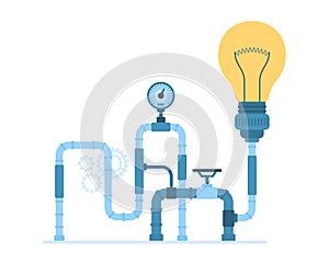 Generator for process of idea creation, factory pipe system with light bulb, lab plumbing