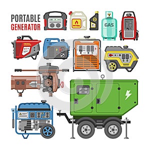 Generator vector power generating portable diesel fuel energy industrial electrical engine equipment illustration set of