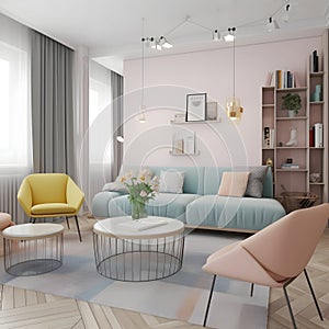 Generattive ai ilustrations, living room design, in color pastel