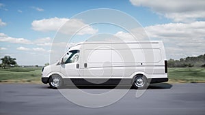 Generic 3d model of delivery van very fast driving on highway. Gas, oil concept. 3d rendering.