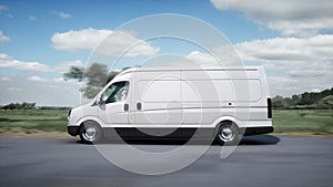 Generic 3d model of delivery van very fast driving on highway. Gas, oil concept. Realistic 4k animation.