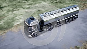Generic 3d model of gasoline truck very fast driving on highway. Gas, oil concept. 3d rendering.