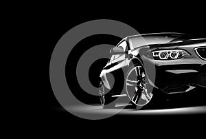 Generic black unbranded car isolated on a dark background. 3d illustration