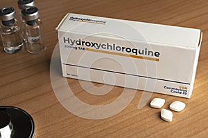 Generic box of tablets of hydroxychloroquine treatment used experimentally for the treatment of the coronavirus covid 19, on