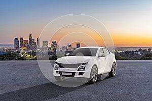 Generic and brandless SUV car parked on asphalt road with city skyline in the background, 3d render
