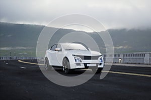 Generic and brandless SUV car on the road with mountain, 3d render