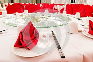 Generic Chinese wedding dinner banquet set-up with dinnerwares