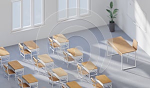 Generic classroom of elementary or middle school, offline studying, 3d rendering.