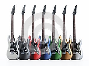 Generic colorful electric guitars isolated on white background. 3D illustration