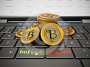 Generic crypto currency coins, buy and sell icons standing on laptop computer keyboard. 3D illustration