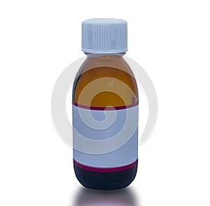 Generic dark medicine bottle with white cap and white label with shadow at foot of bottle and on white background