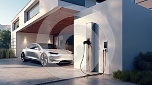 Generic electric vehicle EV hybrid car is being charged from wall charger on