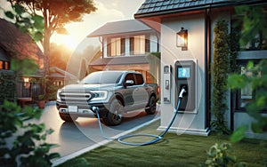 Generic electric vehicle EV hybrid car is being charged from a wallbox near a contemporary modern residential building