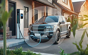 Generic electric vehicle EV hybrid car is being charged from a wallbox near a contemporary modern residential building