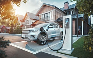 Generic electric vehicle EV hybrid car is being charged from a wallbox near a contemporary modern residential building