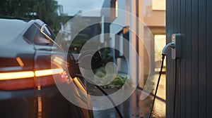 generic ev hybrid car being powered up via wallbox at a modern residential house