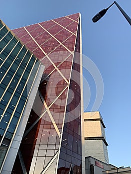 Generic glass buildings in London with beautiful clear blue sky , modern architecture