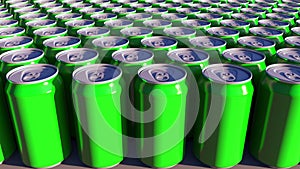 Generic green aluminum cans. Soft drinks or beer production. Recycling packaging. 3D rendering