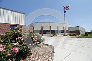 Generic High School Exterior with American Flag