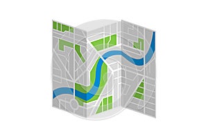 Generic imaginary city street folded map plan with river. Vector colorful town eps illustration schema