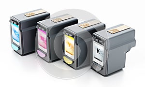 Generic inkjet printer CMYK cartridges isolated on white background. 3D illustration