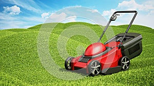 Generic lawnmover on green terrain covered with grass. 3D illustration