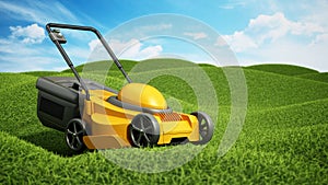 Generic lawnmover on green terrain covered with grass. 3D illustration photo