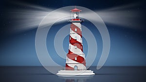 Generic lighthouse emitting light on dark night background. 3D illustration