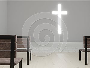 Generic modern church 3d rendering, large glowing christian cross above empty scene.