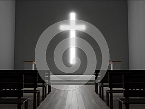 Generic modern church 3d rendering, large glowing christian cross in dark interior.