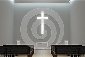 Generic modern church interior 3d rendering, large glowing christian cross.