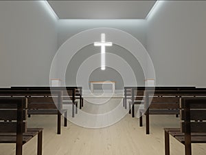 Generic modern church interior 3d rendering, large glowing christian cross.
