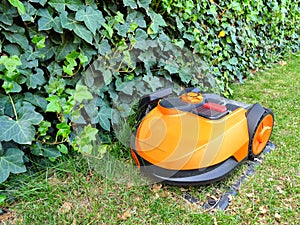Generic orange robot lawn mower for automatic mowing grass on docking station