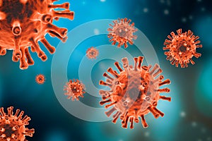 Generic red virus cell on blue background. Microbiology, virology, epidemiology, medicine science 3d rendering illustration photo