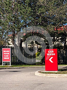 Generic red and white car wash entrance signs