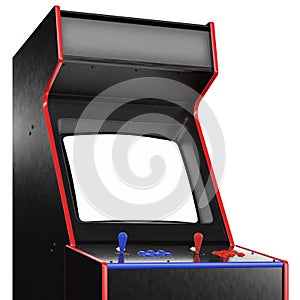 Generic Retro Arcade Machine or Cabinet for Two Players With Blue and Red Controls. Three-Quarter View
