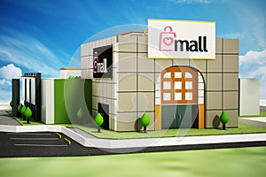 Generic shopping mall building against blue sky. 3D illustration