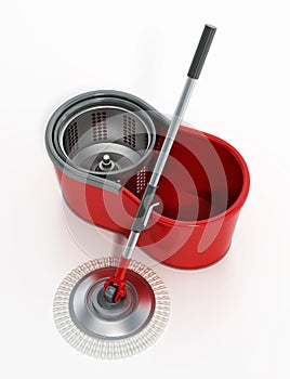 Generic spin mop with bucket on white background. 3D illustration