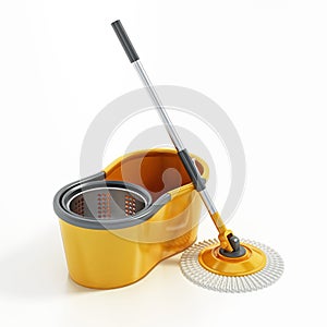 Generic spin mop with bucket on white background. 3D illustration