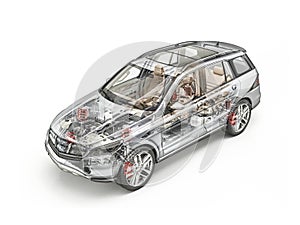 Generic Suv car detailed cutaway 3D rendering. Hard look.